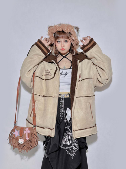 Khaki Letter Contrast Trim Oversized Jacket