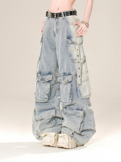 Blau/Schwarze Cargo-Jeans mit weitem Bein und niedriger Taille