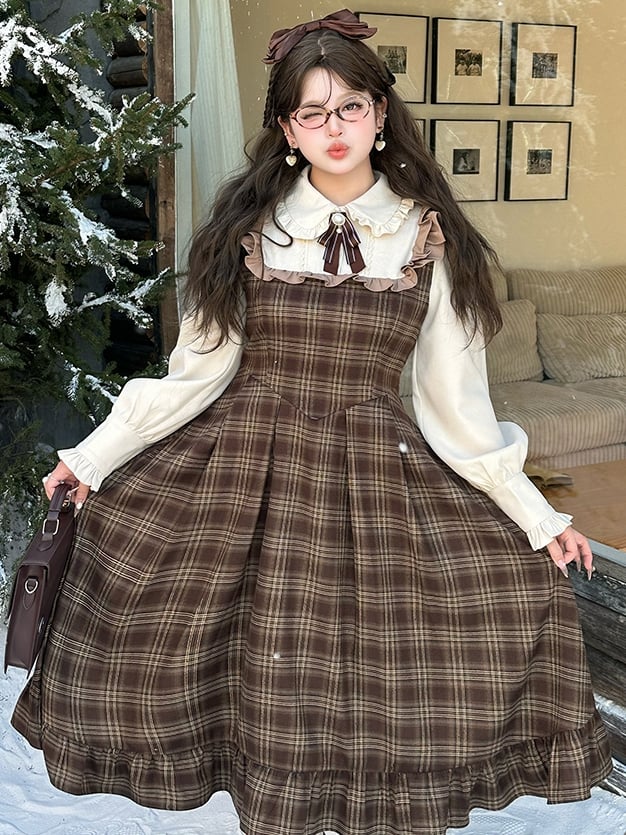 Plus Size Brown Peter Pan Collar Long Sleeves Plaid Flounce Hem Dress