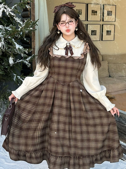 Plus Size Brown Peter Pan Collar Long Sleeves Plaid Flounce Hem Dress