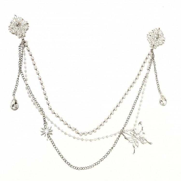 Bead White Chain Brooch / Golden Silver