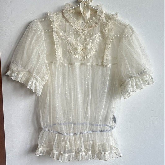 トップス プラスサイズ シースルー チュール フリル ネックライン ドット