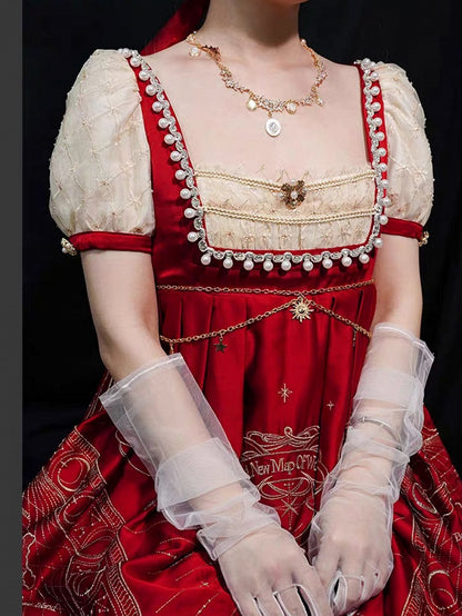 One Beige Elegant Lolita Piece Celestial Red and Classic Map Embroidery Empire Waist Wine Delicate Gold