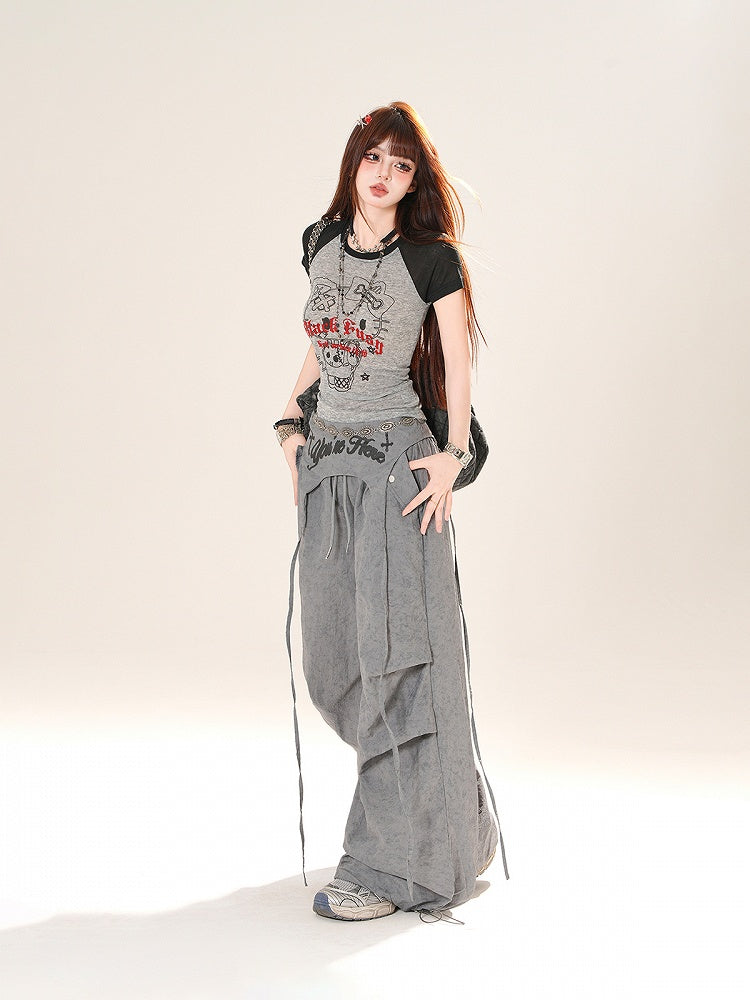 アクセサリー ピンク/グレー ドローストリング ワイドレッグパンツ ウエスト付き