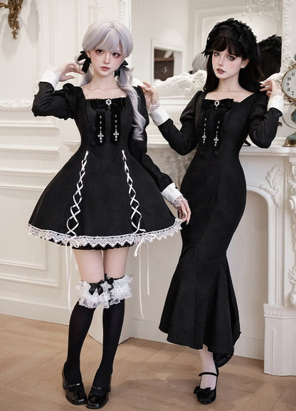 Mermaid with Cross Juliette Patch Dress Lolita Embroidery Sleeves Cuffs Black