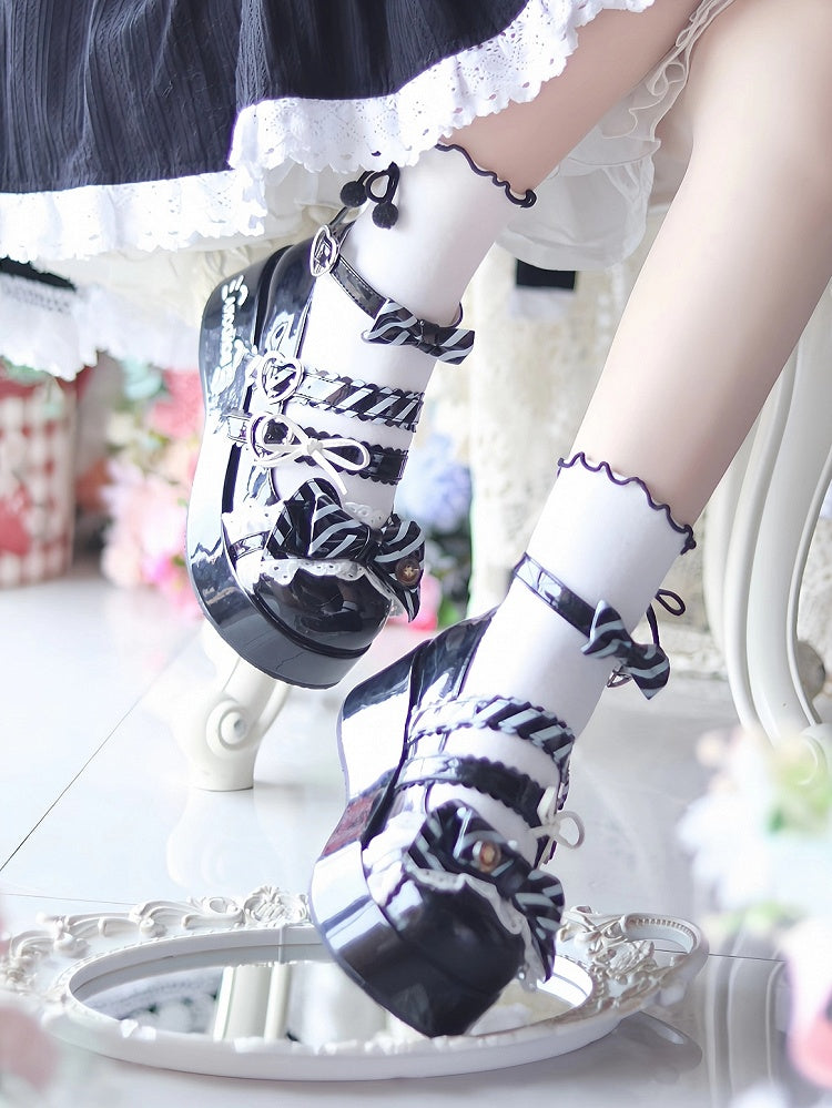 Platform Janes Sweet Decor Lolita Top Kitten Heart Print Buckle at Button  Bow Stripe Black - with Mary