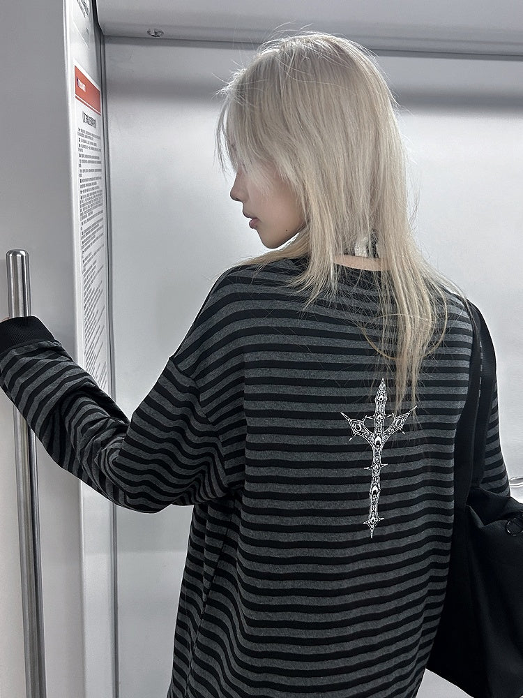 Sweatshirt with Gothic Black Print Gray Striped Cross