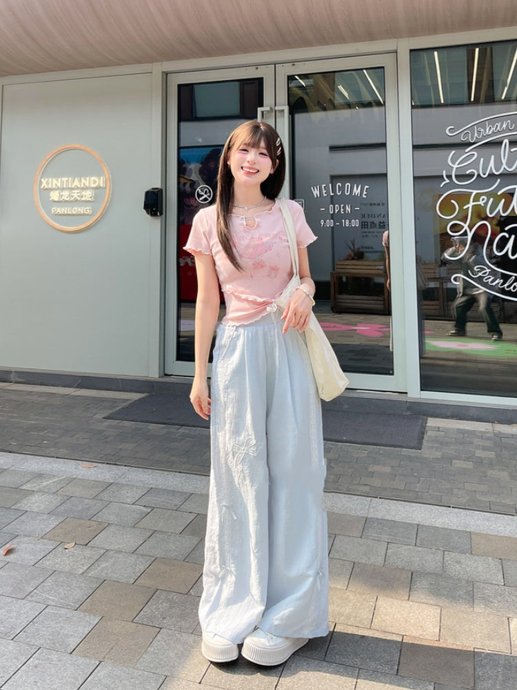 Version Regular/Short Blue Wide-Leg Pants Bowknot Embroidery High Waist