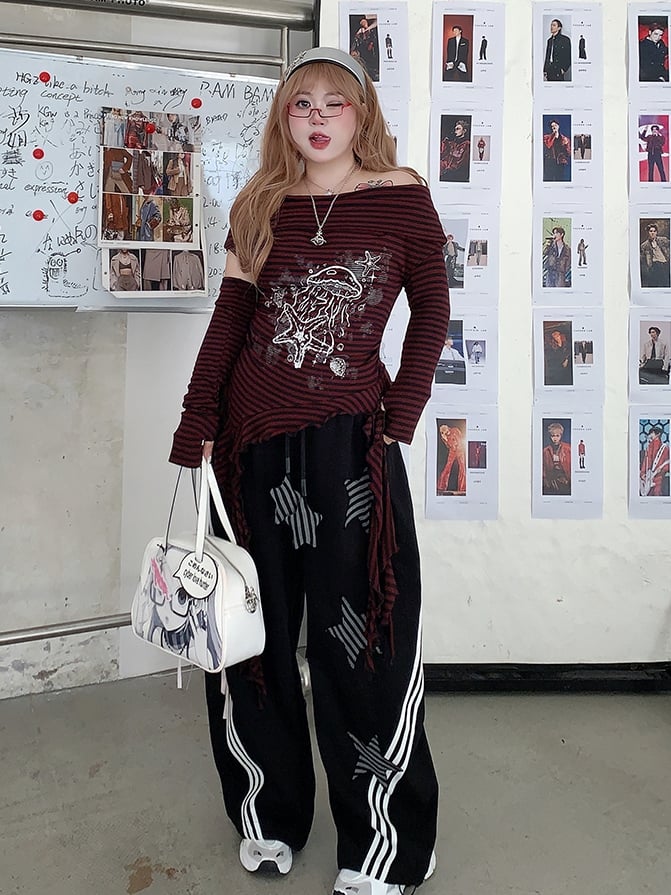 Size Black Wide-leg Casual Pants with Striped Star Appliques Plus Y2K