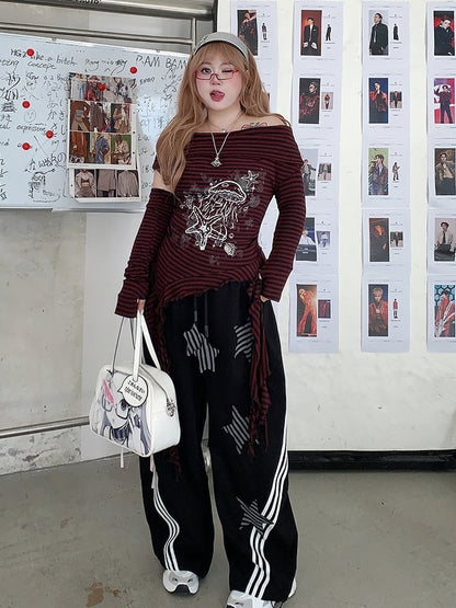 Size Black Wide-leg Casual Pants with Striped Star Appliques Plus Y2K