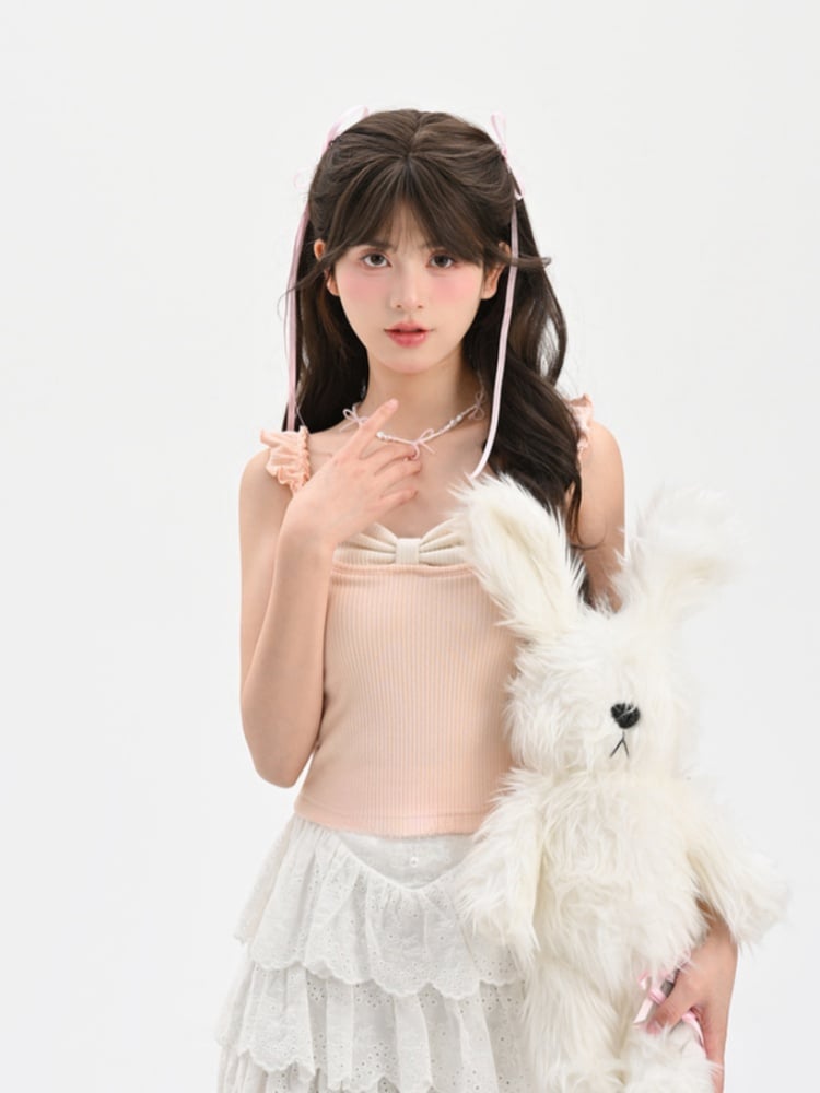 Tanktop in Rosa mit Flatterärmeln und Schleifendesign am Ausschnitt