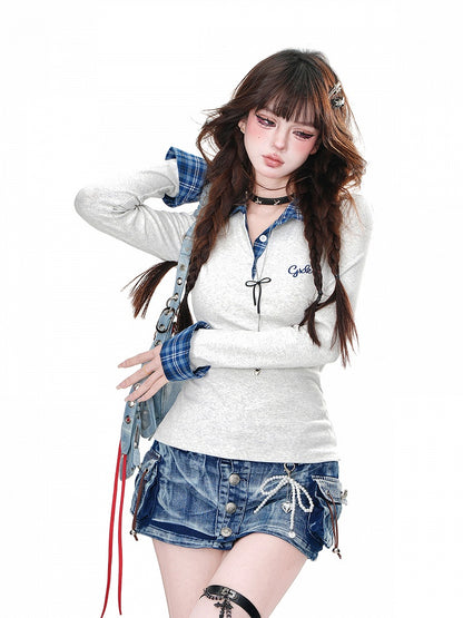 Navy Blue/White Plaid Polo Collar  Glamorous Top