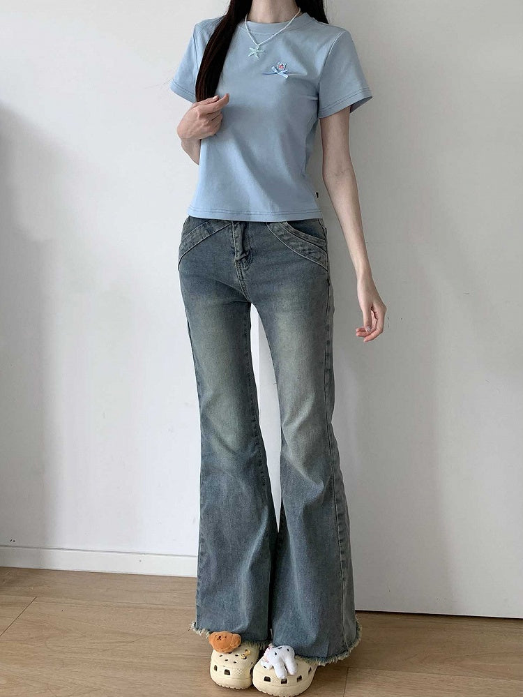 T-Shirt Rundhals Schleifendetail Blau