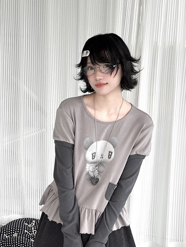 Two-piece Top Daily Thumbhole Gray Print Cuffs Long Sleeve with Bear Kawaii
