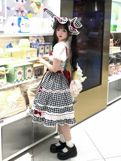 Altes Lolita-Kleid aus Baumwolle, weiß, schwarz, karierter Rock, Pullover und Schule