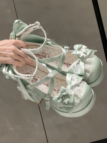 Jane Block Motif in Fastener Heart with Blossom Heel Green Bow Satin High Sweet Accents Shoes Cherry Mary Loltia