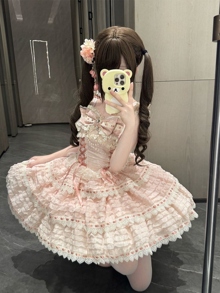 Chain Details JSK Bow Lace-up Dress Bead with Lolita Pink Accent