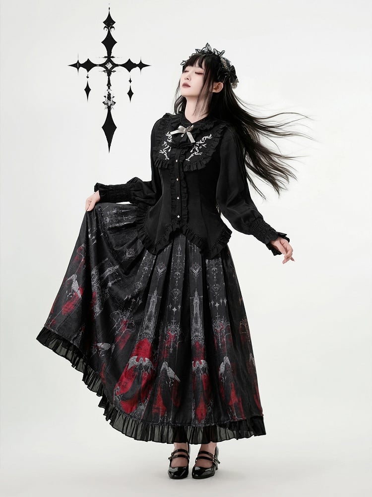 Ruffled Blouse Bow Embroidered with and Black Detachable Tie Details Gothic