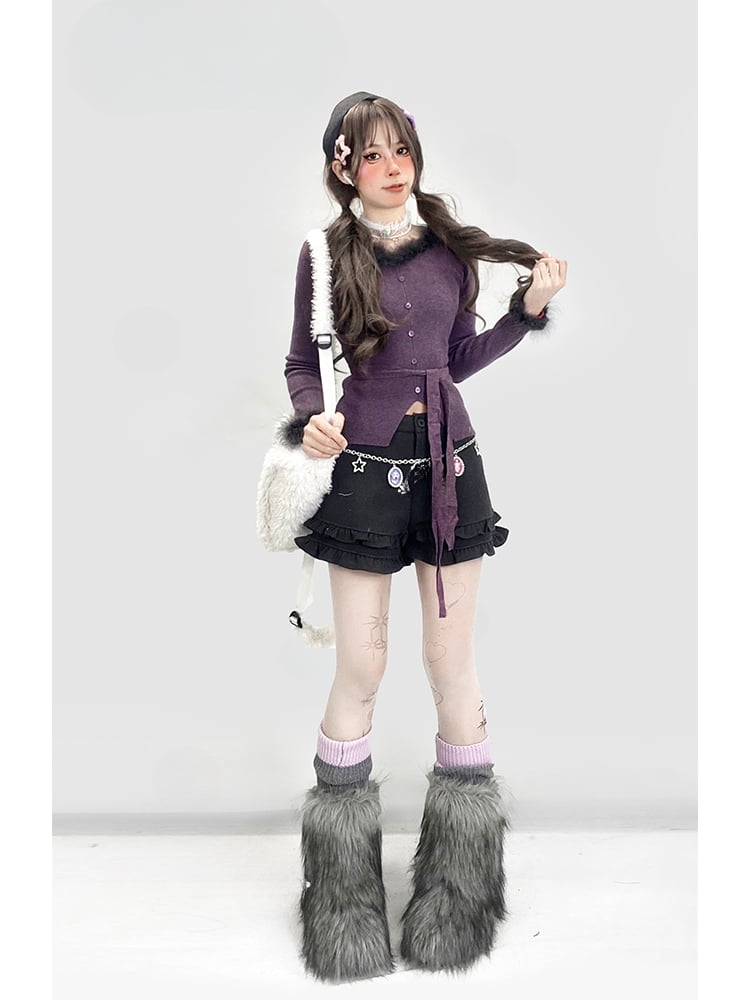 Dunkelgraue Shorts mit hoher Taille und Rüschenbesatz