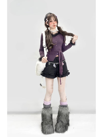 Dunkelgraue Shorts mit hoher Taille und Rüschenbesatz