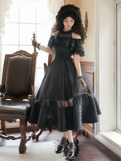 Neck Fabric Jacquard Halter Dress Full Rosette Black Set Illusion Elegant