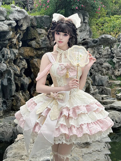 ネックバスクドレス ウエストピンクスカート ホルターティアードQi取り外し可能ロリータ