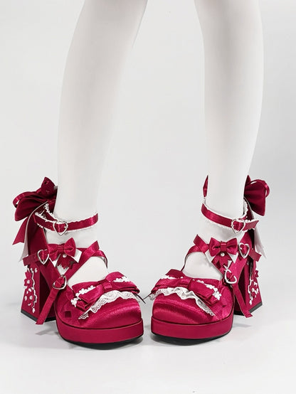 Bow Heel - Heart Satin with in High Janes Red Themed Accents Sakura Snap Block Mary