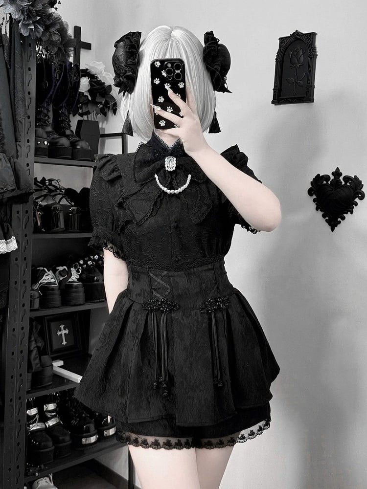 Black Cheongsam Collar Short Sleeve Blouse with Lace Details and Rhinestone Bow Tie Set - Angel Share