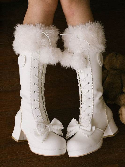 White Embellishments Cuff Lace+Zip Lolita Top Boots Bow - Knee-High with System Sweet Plush