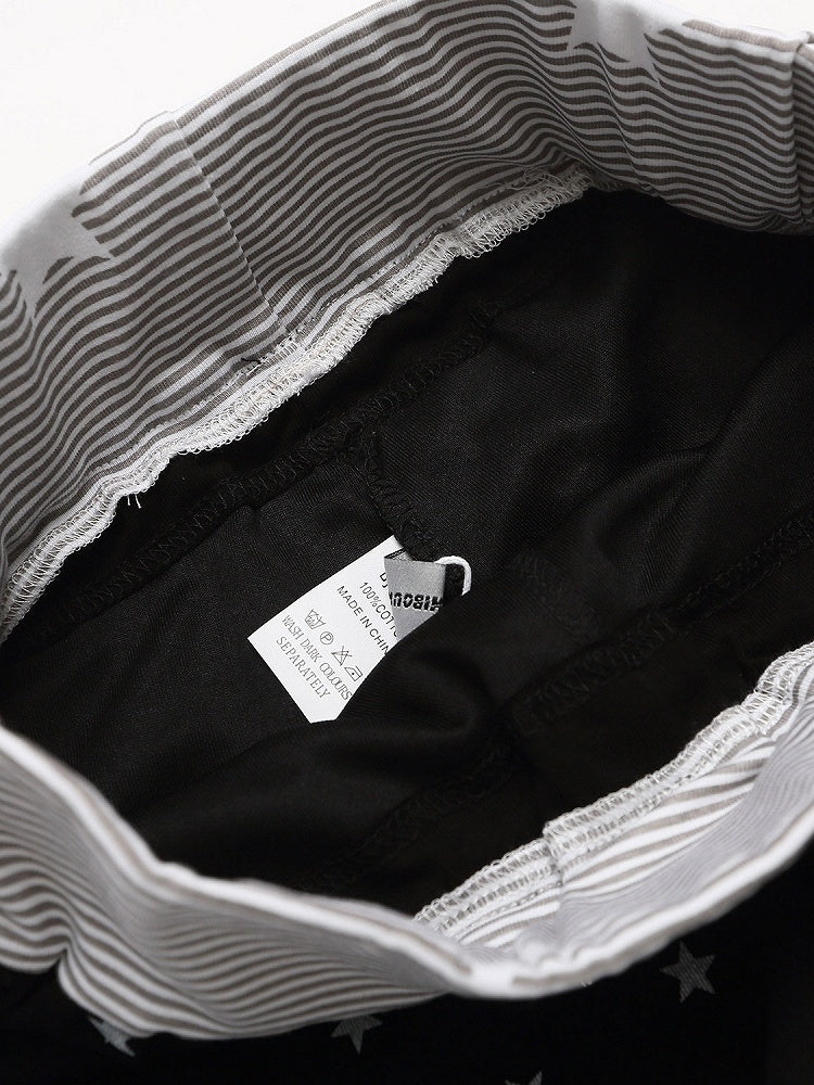 Drawstring Shorts with Star Print & Striped Waistband in Black - Languid Park