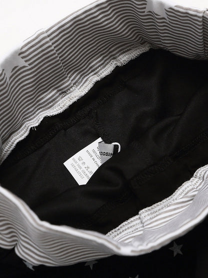Drawstring Shorts with Star Print & Striped Waistband in Black - Languid Park
