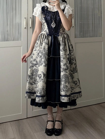 Bodice Forest Elegant Dress and Dark Corset Animals Lolita with Print Blue