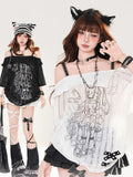 Ausschnitt Lose Schwarz/Weiß Mädchen Print T-shirt Off-the-shoulder
