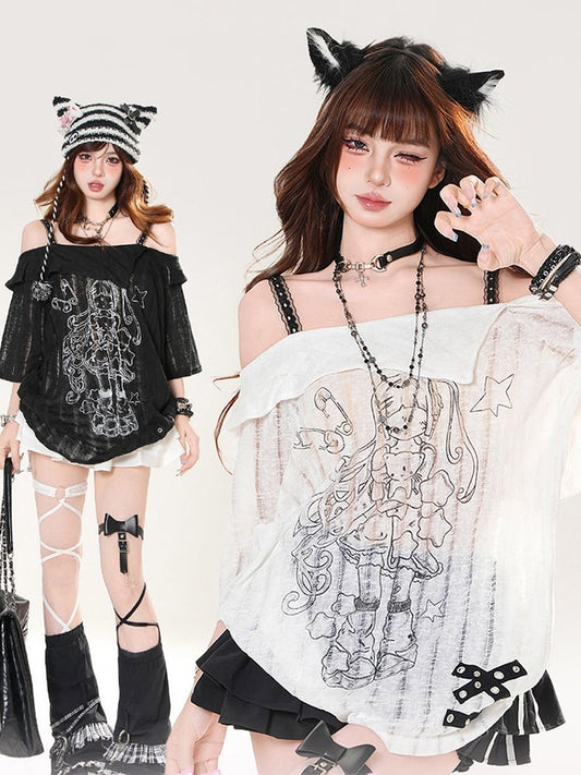 ネックライン ルーズ ブラック/ホワイト ガールプリント Tシャツ オフショルダー