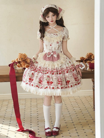 Teddy Lolita White Print Cherry Dress Sweet and Gingham Red