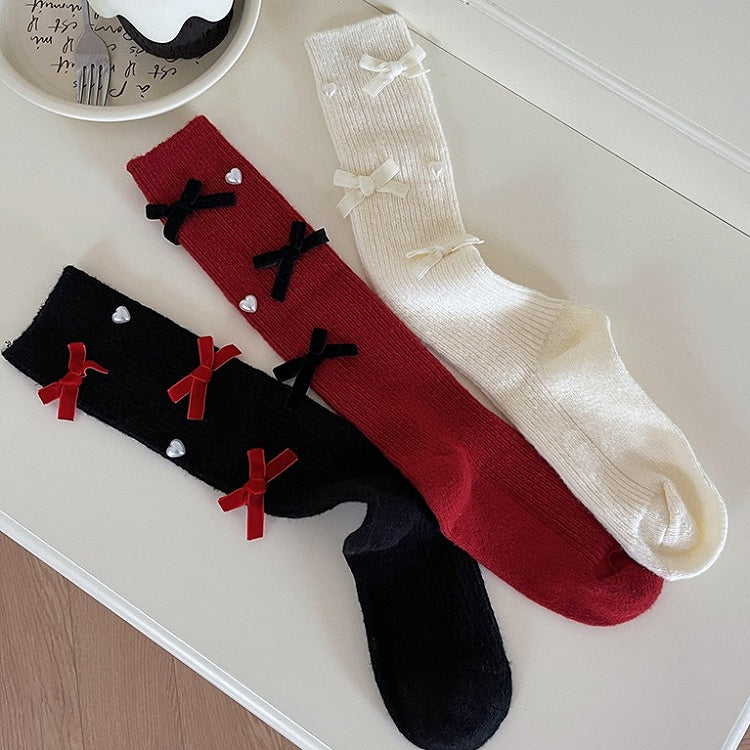 Weiße Lolita Wadensocken mit Schleife und Herz