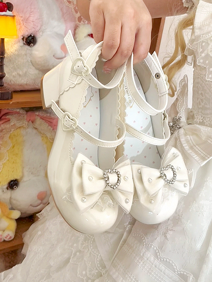 Scalloped Decor Off-white Closure with Mid-heel Shoes Trim，Beads Elegant Snap Bow Heart Lolita