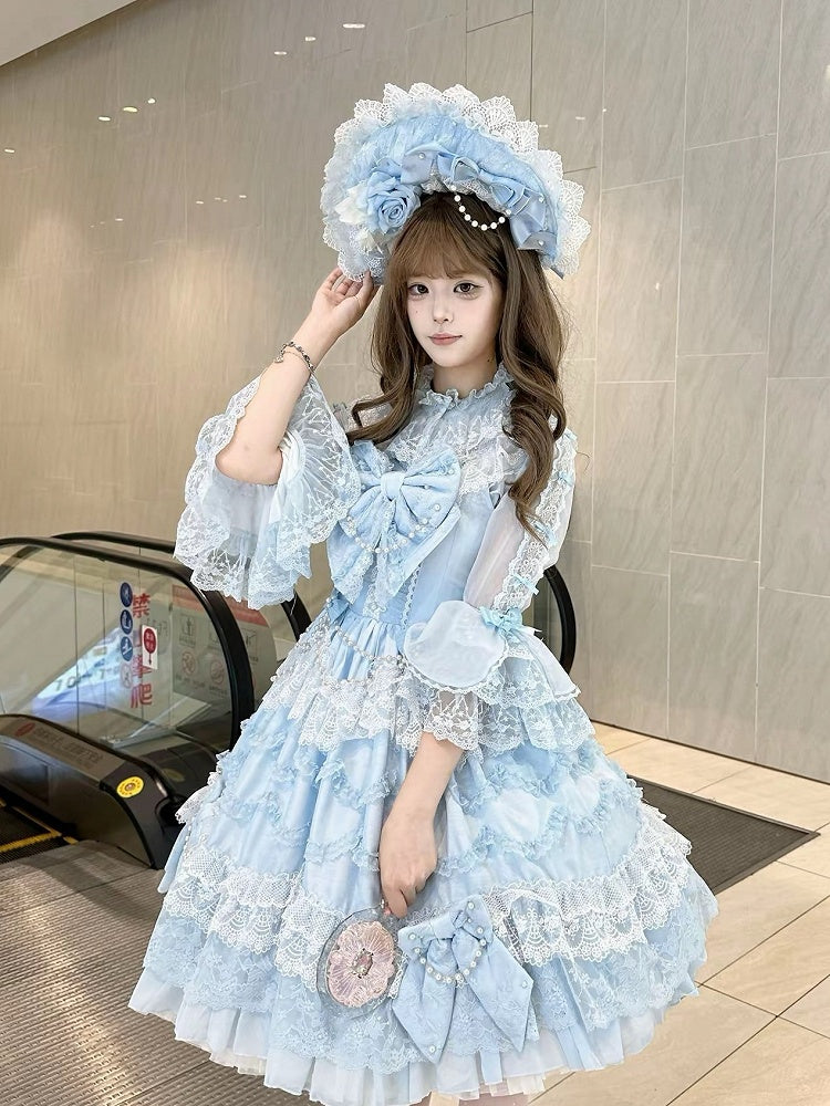 フリル付きロリータ 7分袖 リボン付きシャツ ネックライン ブルー Sサイズ