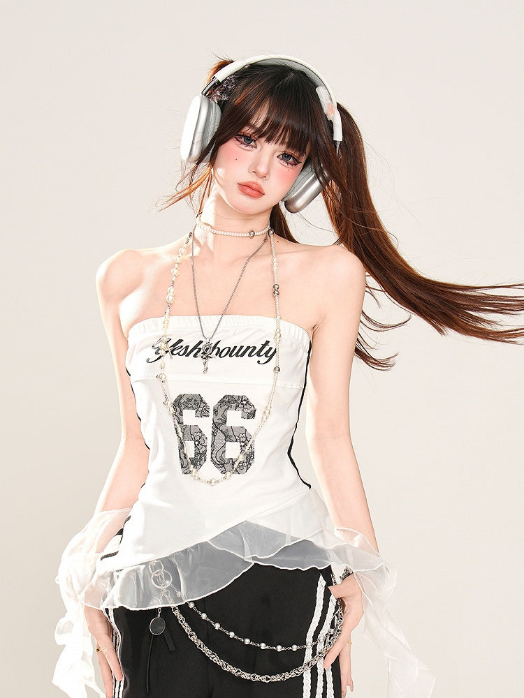 Asymmetrischer Saum Glamorous Mesh Print Schwarz/Weiß Trägerloses Top Nummer