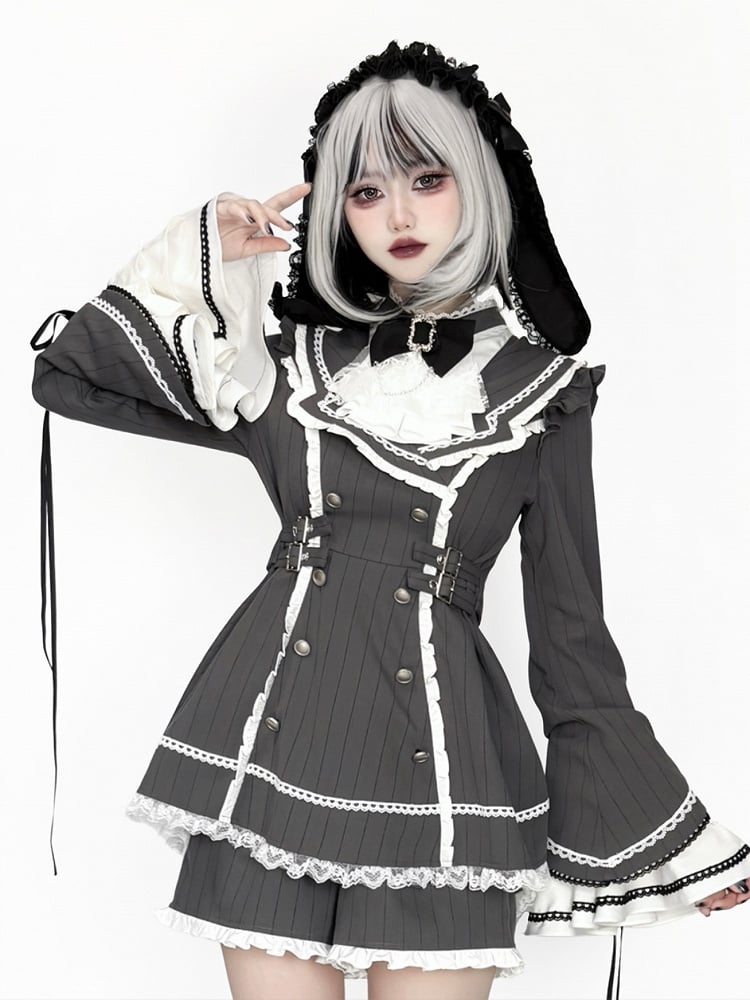 + Shorts Kei Matching Set Striped Bell Dark Jirai Sleeves Gray Dress