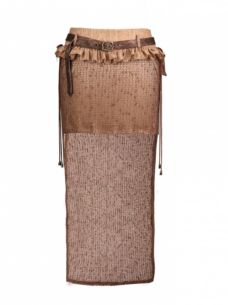 Brown Bodycon Skirt with Mesh Overlay and Belt - Virtual Orbit