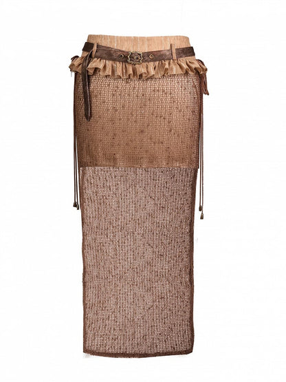 Brown Bodycon Skirt with Mesh Overlay and Belt - Virtual Orbit