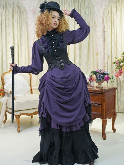 Purple Shirt Black Boned Waistcoat Skirt Set