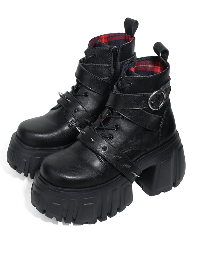 Stiefel Rock Ankle Plateau Schwarz Blockabsatz Punk -