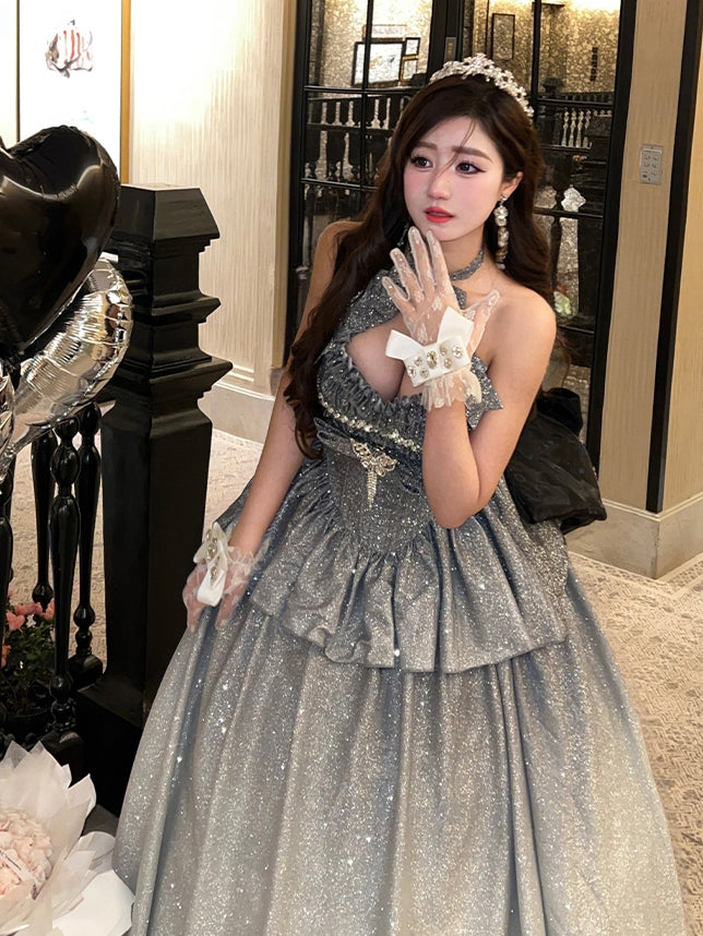 輝くグラデーションシルバーホルターネック スウィートハートネックライントップ + ロングスカート バースデーボールガウン