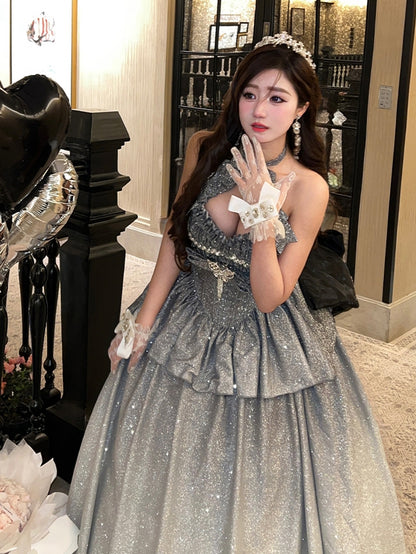 輝くグラデーションシルバーホルターネック スウィートハートネックライントップ + ロングスカート バースデーボールガウン