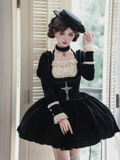 Autumn/Winter Lolita Waist + Brooch Boned for Choker Black Velvet Dress Set Version Bow Basque Short Hat