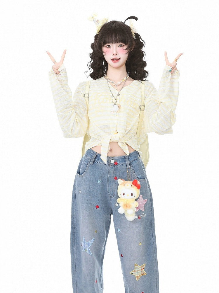 Yellow Striped V-Neck Long-Sleeve Top with Animal Print - Languid Park