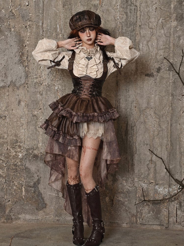 Robe salopette asymétrique marron style western steampunk avec traîne amovible