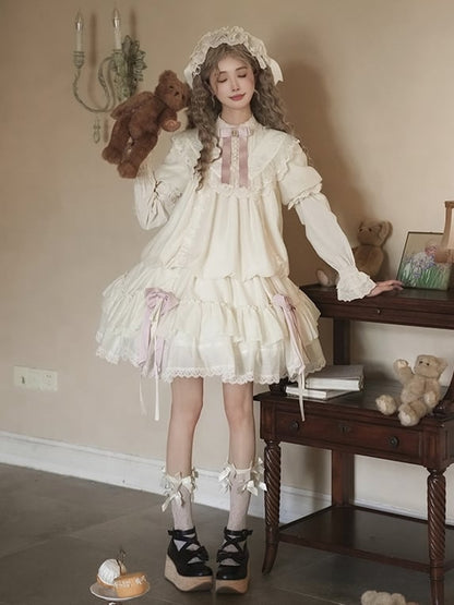 Beige Short Drawstring Loose Sleeves Lolita Embroidery with Rosette Details Dress